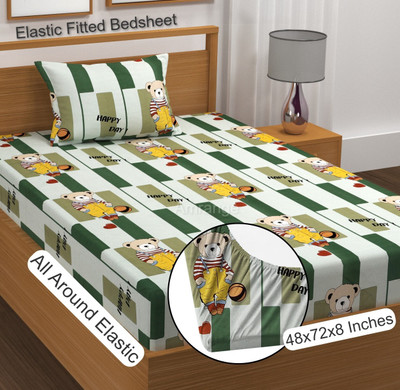 Amrange 190 TC Microfiber Single 3D Printed Fitted (Elastic) Bedsheet(Pack of 1, Green)
