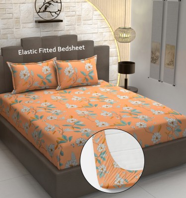 Mega Cart Home 220 TC Polycotton King Solid Fitted (Elastic) Bedsheet(Pack of 1, Orange & Floral)