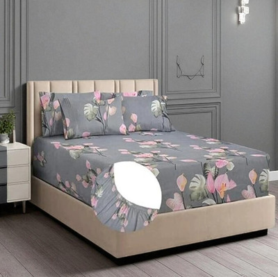 FINBIN Cotton Double Fitted (Elastic) 240 TC Floral Bedsheet(Pack of 1, Grey)