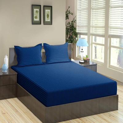 BEVI 300 TC Microfiber Single Striped Fitted (Elastic) Bedsheet(Pack of 1, Navy)