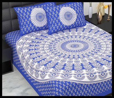 JAIPUR PRINTS Cotton Double Flat 160 TC Jaipuri Prints Bedsheet(Pack of 1, Blue)