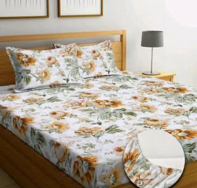 asha traders 180 TC Cotton Double Floral Fitted (Elastic) Bedsheet(Pack of 1, White)