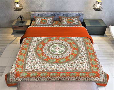 BharatLinen Cotton Double Flat 144 TC Jaipuri Prints Bedsheet(Pack of 1, Mustard)