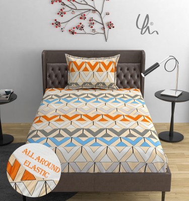 YaAkholic 400 TC Cotton Single Printed Fitted (Elastic) Bedsheet(Pack of 1, Orange Bedcover)