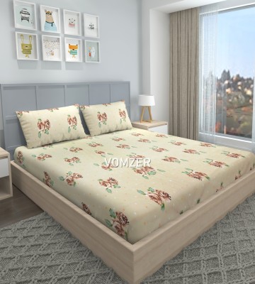 Vomzer 280 TC Cotton Double Printed Fitted (Elastic) Bedsheet(Pack of 1, Beige Flower)