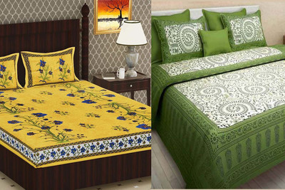 KANDY SHOP Cotton Double Flat 240 TC Jaipuri Prints Bedsheet(Pack of 2, Light Green, Yellow)