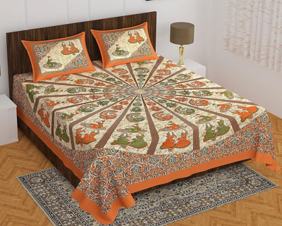 Tanish Fabrice Cotton Double Flat 300 TC Jaipuri Prints Bedsheet(Pack of 1, Brown)