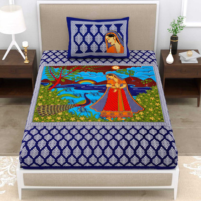 hntraders 140 TC Cotton Single Jaipuri Prints Flat Bedsheet(Pack of 1, Blue)