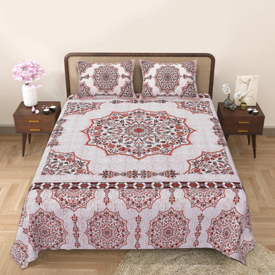 CHAITANYAS Cotton King Flat 200 TC Printed Bedsheet(Pack of 1, White, Peach)