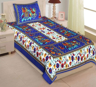 KAANY FAB Cotton Single Flat 144 TC Jaipuri Prints Bedsheet(Pack of 1, Blue)