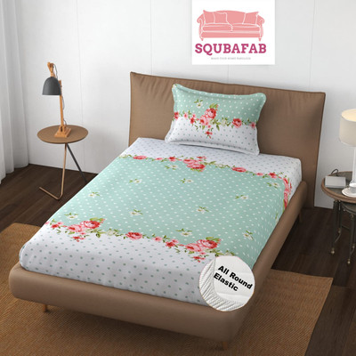 SQUBAFAB 210 TC Cotton Single Printed Fitted (Elastic) Bedsheet(Pack of 1, GreenCenterFlower)