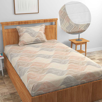 LUMORA NEST 300 TC Cotton Single Printed Fitted (Elastic) Bedsheet(Pack of 1, Beige Lining)