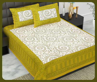 BedZone Cotton Double Flat 240 TC Jaipuri Prints Bedsheet(Pack of 1, Green)