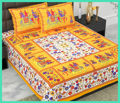 JAIPUR PRINTS Cotton Double Flat 144 TC Jaipuri Prints Bedsheet(Pack of 1, Yellow)