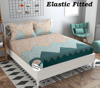 HOMYBEES Cotton Double Fitted (Elastic) 300 TC Abstract Bedsheet(Pack of 1, Peach, Green)