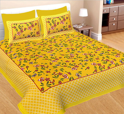 BedZone Cotton Queen, Double Flat 220 TC Jaipuri Prints Bedsheet(Pack of 1, Yellow)