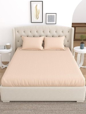 LINENWALAS 210 TC Cotton King Striped Flat Bedsheet(Pack of 1, Beige)