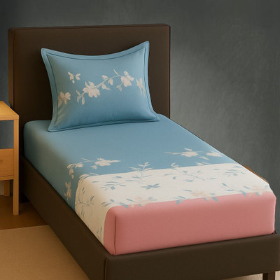 Hss fab Cotton Blend Single Fitted (Elastic) 210 TC Floral Bedsheet(Pack of 1, Pink, Grey)