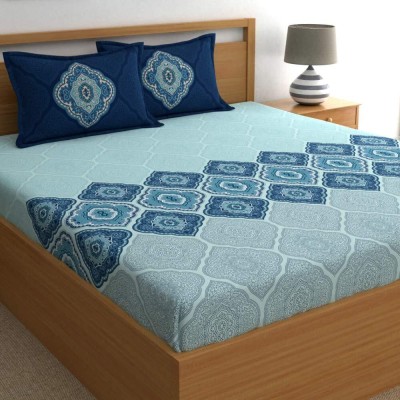 Home Ecstasy 140 TC Cotton King Floral Fitted (Elastic) Bedsheet(Pack of 1, Blue)