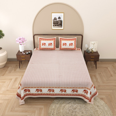Shubastik 200 TC Cotton Double Jaipuri Prints Flat Bedsheet(Pack of 1, Red)
