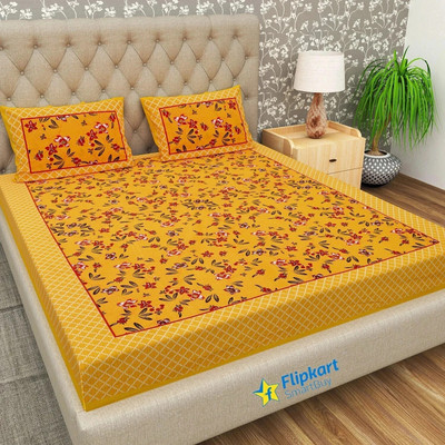 Flipkart SmartBuy Cotton Double Flat 104 TC Jaipuri Prints Bedsheet(Pack of 1, Yellow)
