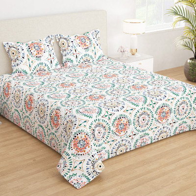 Story@home 210 TC Microfiber Double Printed Flat Bedsheet(Pack of 1, White, Peach)