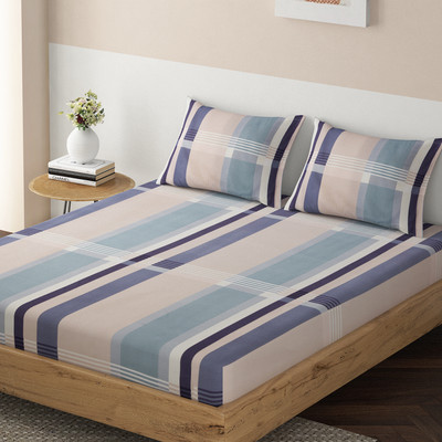 HOKiPO Microfiber Queen Fitted (Elastic) 140 TC Striped Bedsheet(Pack of 1, Striped Classic Blue)