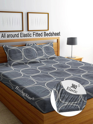 RisingStar 350 TC Cotton King Abstract Fitted (Elastic) Bedsheet(Pack of 1, Fitted_Grey_White_Check)