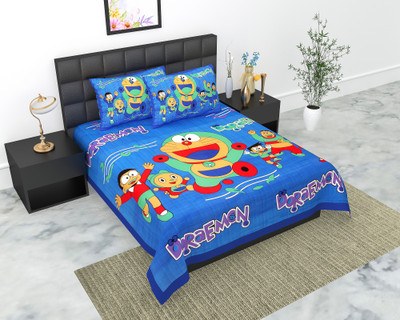 Indian Royal Fashion Cotton Double Flat 144 TC Cartoon Bedsheet(Pack of 1, Blue)