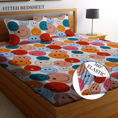 CREATURE Cotton Double Fitted (Elastic) 144 TC Printed Bedsheet(Pack of 1, Red Smily Safariz Fitted 180)