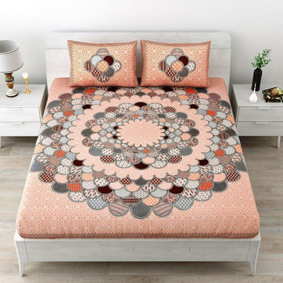 BharatLinen Cotton King Flat 260 TC Jaipuri Prints Bedsheet(Pack of 1, Orange)