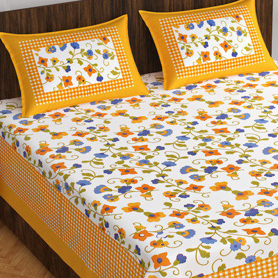 Home@shop Cotton Double Flat 144 TC Printed Bedsheet(Pack of 1, Yellow)