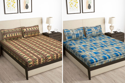 Story@home Microfiber Queen Fitted (Elastic) 180 TC Printed Bedsheet(Pack of 2, Blue, Beige)