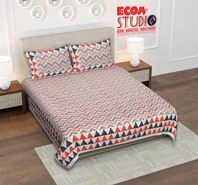 Ecom Studio Cotton Double Flat 210 TC Jaipuri Prints Bedsheet(Pack of 1, WHITE-ORANGE)