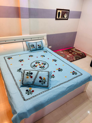 AFIFA COLLECTION Polycotton Double Flat 240 TC Embroidered Bedsheet(Pack of 1, Blue)