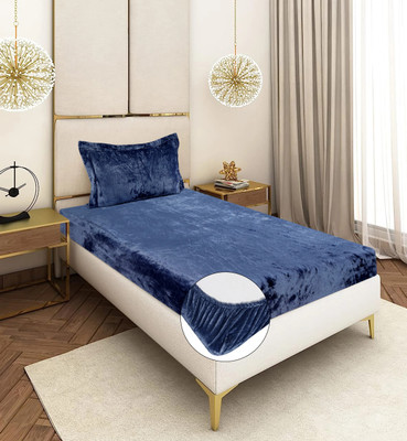 BM Decor Velvet Single Fitted (Elastic) 300 TC Solid Bedsheet(Pack of 1, Blue)