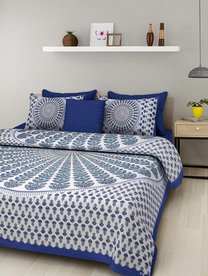 KKS Collections 144 TC Cotton Double, Queen, King Jaipuri Prints Flat Bedsheet(Pack of 1, Blue)
