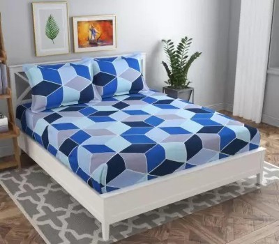 Roomessentials 190 TC Cotton Double Checkered Fitted (Elastic) Bedsheet(Pack of 1, Blue)