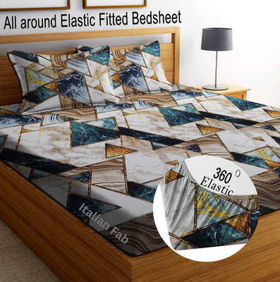 Italian Fab Cotton King Fitted (Elastic) 180 TC Printed Bedsheet(Pack of 1, Gold Traingle Hevvy)