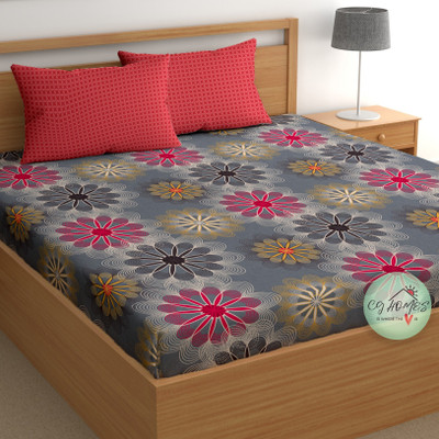 CG Homes 200 TC Cotton Double Printed Flat Bedsheet(Pack of 1, Grey & Red)