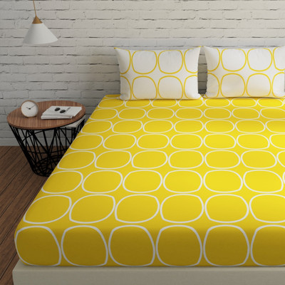 Huesland Cotton Double Flat 144 TC Printed Bedsheet(Pack of 1, Yellow & White)