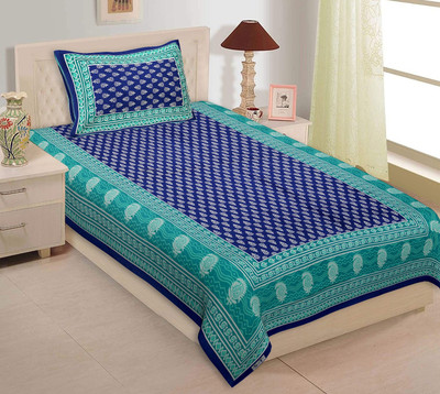 VNV Creation 180 TC Cotton Single Jaipuri Prints Flat Bedsheet(Pack of 1, Blue)