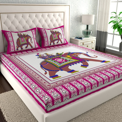 Cosito Cotton Double Flat 144 TC Jaipuri Prints Bedsheet(Pack of 1, Pink, Brown, White)