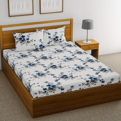 Huesland 144 TC Cotton Double Floral Flat Bedsheet(Pack of 1, White and Blue)