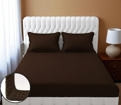 RADRUGS 175 TC Cotton Double Striped Fitted (Elastic) Bedsheet(Pack of 1, Brown)