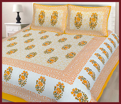 JAIPUR PRINTS Cotton Double Flat 144 TC Jaipuri Prints Bedsheet(Pack of 1, Yellow)