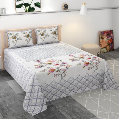 M Mable 140 TC Cotton King Floral Flat Bedsheet(Pack of 3, White, Pink, Grey)