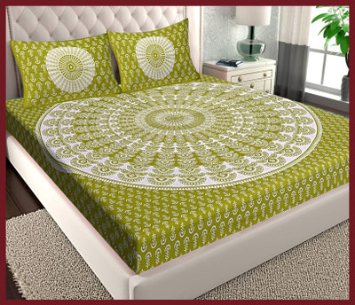 JAIPUR PRINTS Cotton Double Flat 144 TC Jaipuri Prints Bedsheet(Pack of 1, Green)