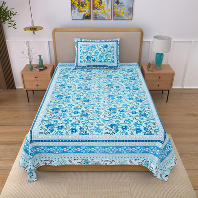GrihSansaar Cotton Single Flat 210 TC Floral Bedsheet(Pack of 1, Blue)