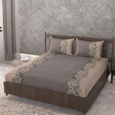HUESPACE Cotton, Microfiber Double, Queen Fitted (Elastic) 300 TC Floral Bedsheet(Pack of 1, Brown, Beige)